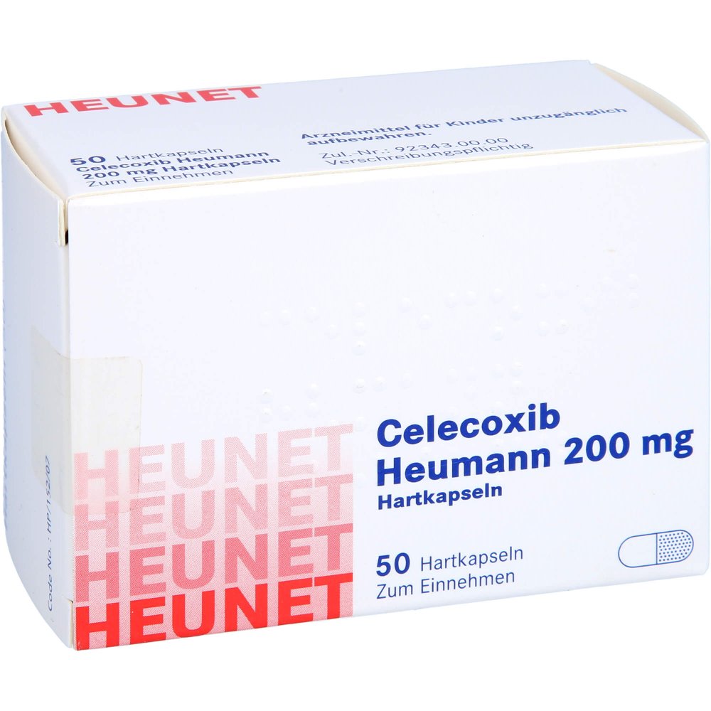 Das Produktfoto zeigt Celecoxib Heumann 200 Mg Hartkapseln Heunet (50 stk) PZN 13877147