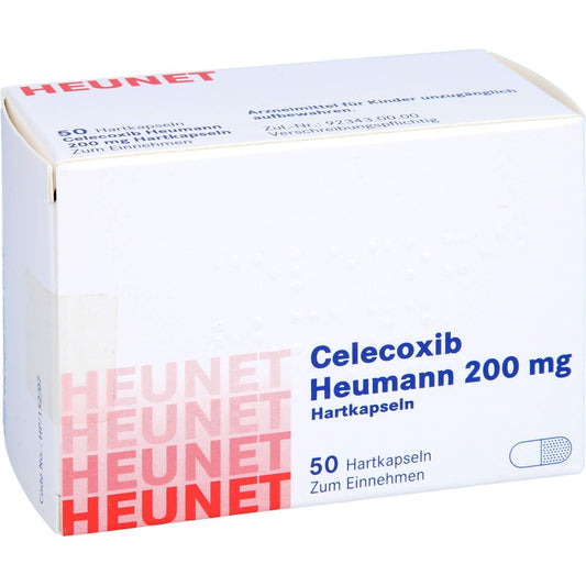 Das Produktfoto zeigt Celecoxib Heumann 200 Mg Hartkapseln Heunet (50 stk) PZN 13877147