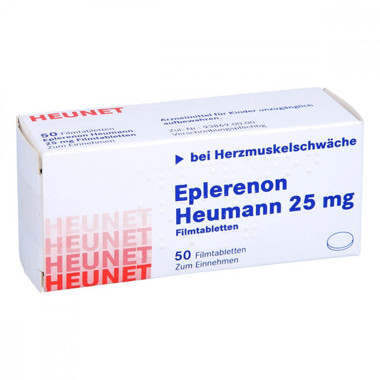 Das Produktfoto zeigt Eplerenon Heumann 25 Mg Filmtabletten Heunet (50 stk) PZN 13877182