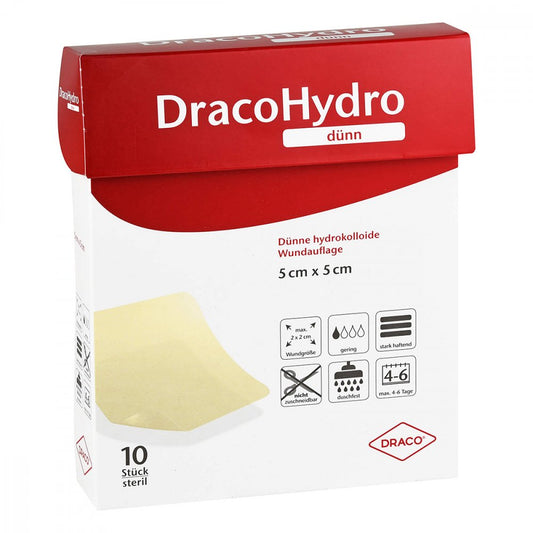 Das Produktfoto zeigt Dracohydro Dünn Hydrokoll.Wundauflage 5x5 Cm (10 stk) PZN 13879229