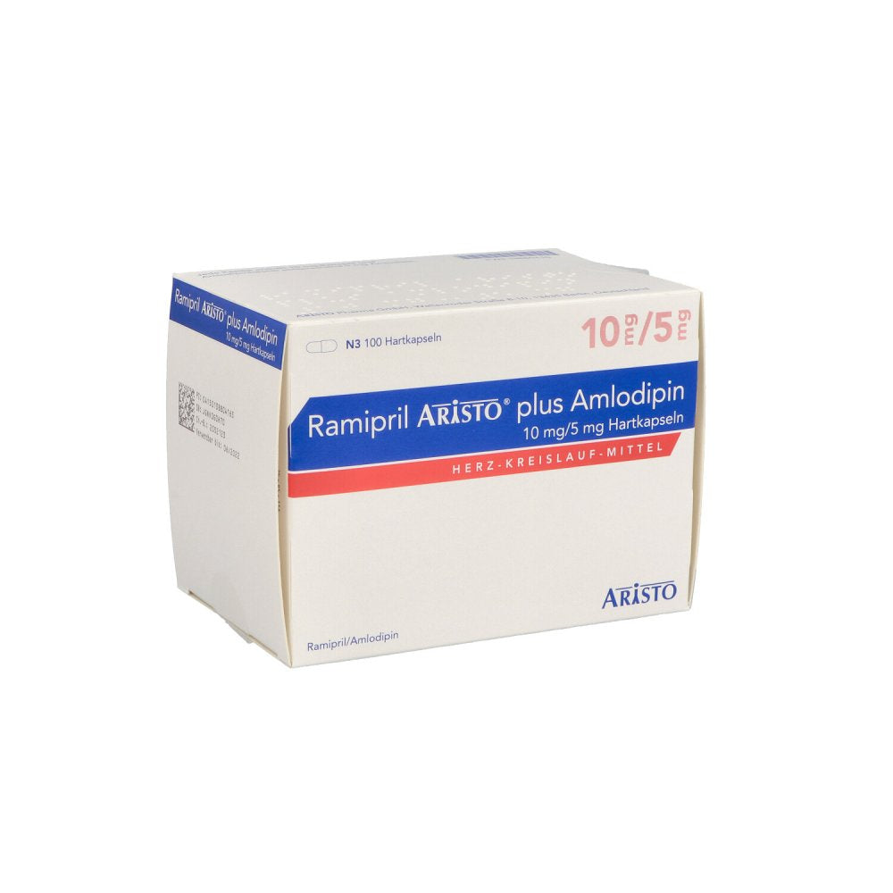 Das Produktfoto zeigt Ramipril Aristo Plus Amlodipin 10 Mg/5 Mg Hartkps. (100 stk) PZN 13880416