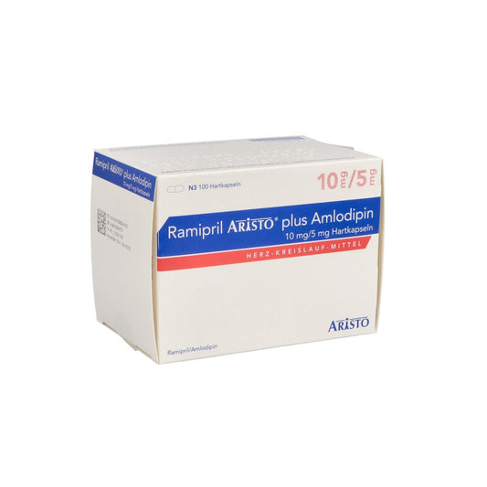 Das Produktfoto zeigt Ramipril Aristo Plus Amlodipin 10 Mg/5 Mg Hartkps. (100 stk) PZN 13880416