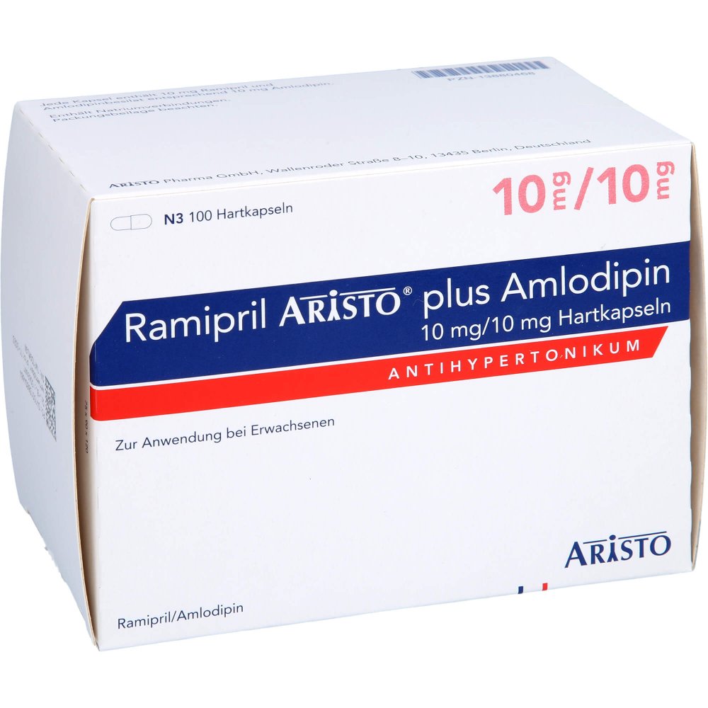 Das Produktfoto zeigt Ramipril Aristo Plus Amlodipin 10 Mg/10 Mg Hartkps (100 stk) PZN 13880468