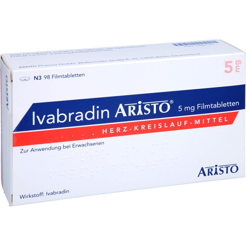 Das Produktfoto zeigt Ivabradin Aristo 5 Mg Filmtabletten (98 stk) PZN 13886181