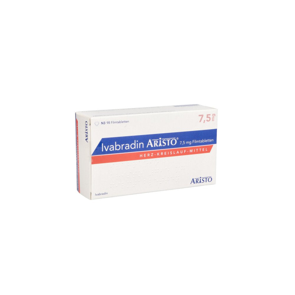 Das Produktfoto zeigt Ivabradin Aristo 7,5 Mg Filmtabletten (98 stk) PZN 13886212
