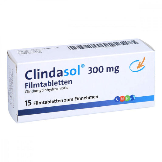 Das Produktfoto zeigt Clindasol 300 Mg Filmtabletten (15 stk) PZN 13890403