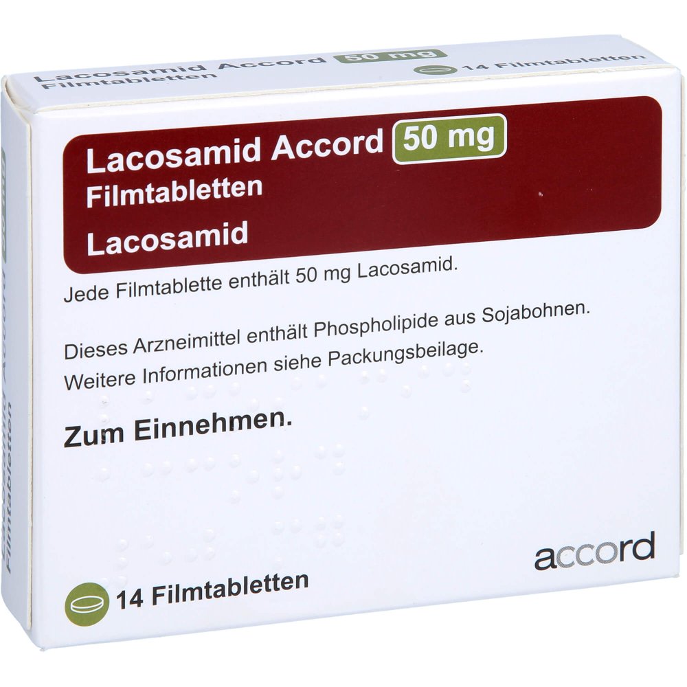 Das Produktfoto zeigt Lacosamid Accord 50 Mg Filmtabletten (14 stk) PZN 13892804