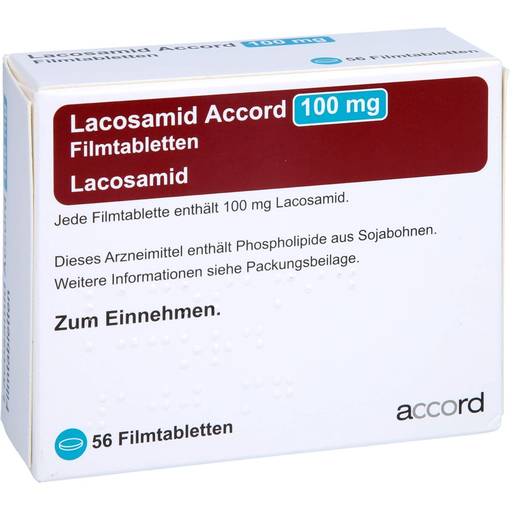 Das Produktfoto zeigt Lacosamid Accord 100 Mg Filmtabletten (56 stk) PZN 13892856