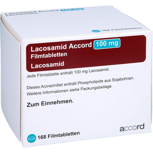Das Produktfoto zeigt Lacosamid Accord 100 Mg Filmtabletten (168 stk) PZN 13892862