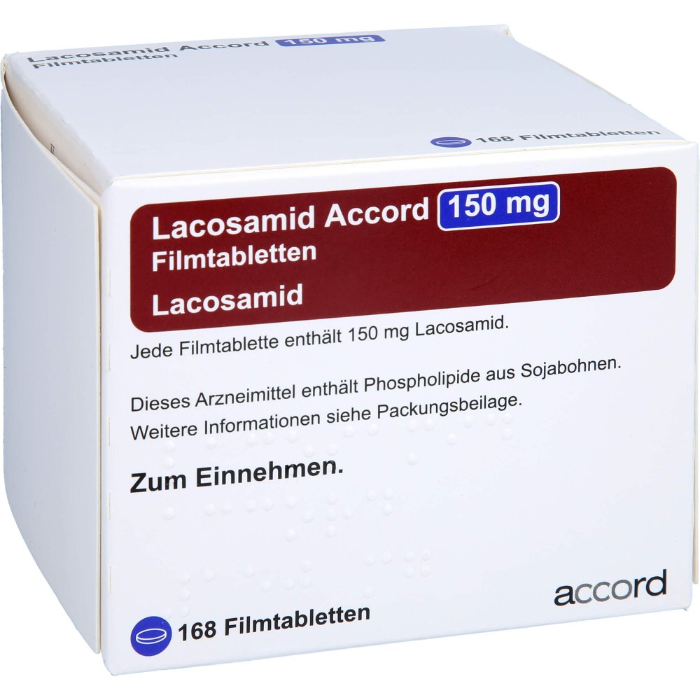Das Produktfoto zeigt Lacosamid Accord 150 Mg Filmtabletten (168 stk) PZN 13892891