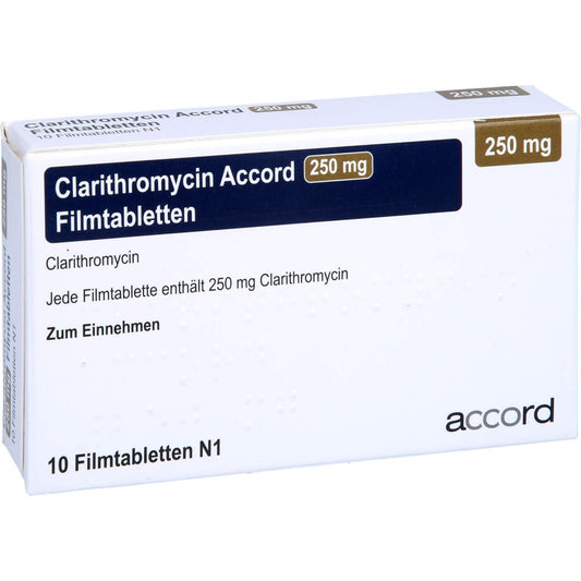 Das Produktfoto zeigt Clarithromycin Accord 250 Mg Filmtabletten (10 stk) PZN 13893198