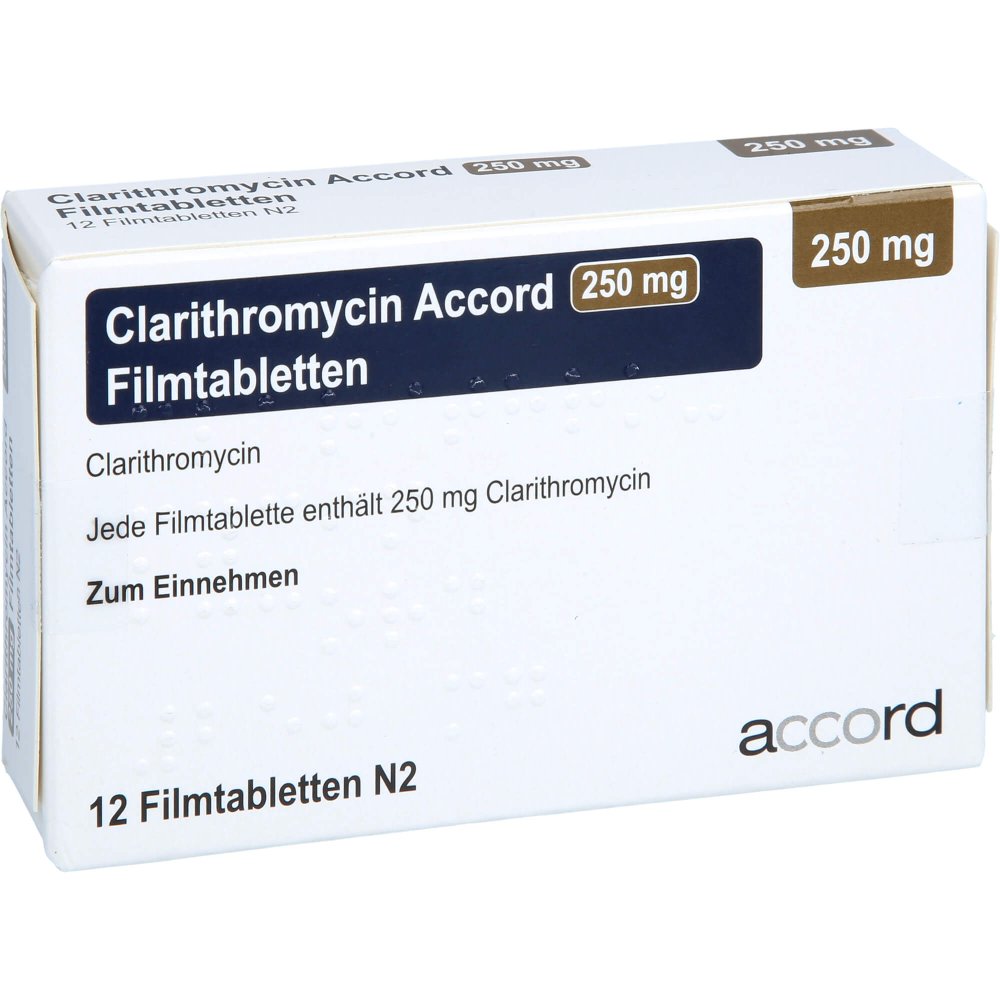 Das Produktfoto zeigt Clarithromycin Accord 250 Mg Filmtabletten (12 stk) PZN 13893206
