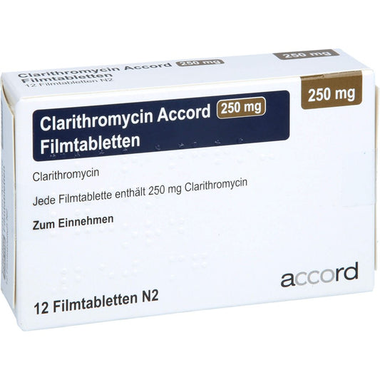 Das Produktfoto zeigt Clarithromycin Accord 250 Mg Filmtabletten (12 stk) PZN 13893206