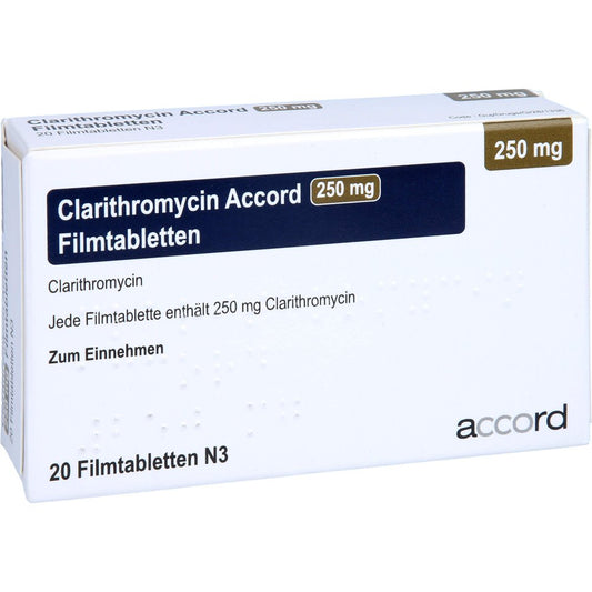 Das Produktfoto zeigt Clarithromycin Accord 250 Mg Filmtabletten (20 stk) PZN 13893229