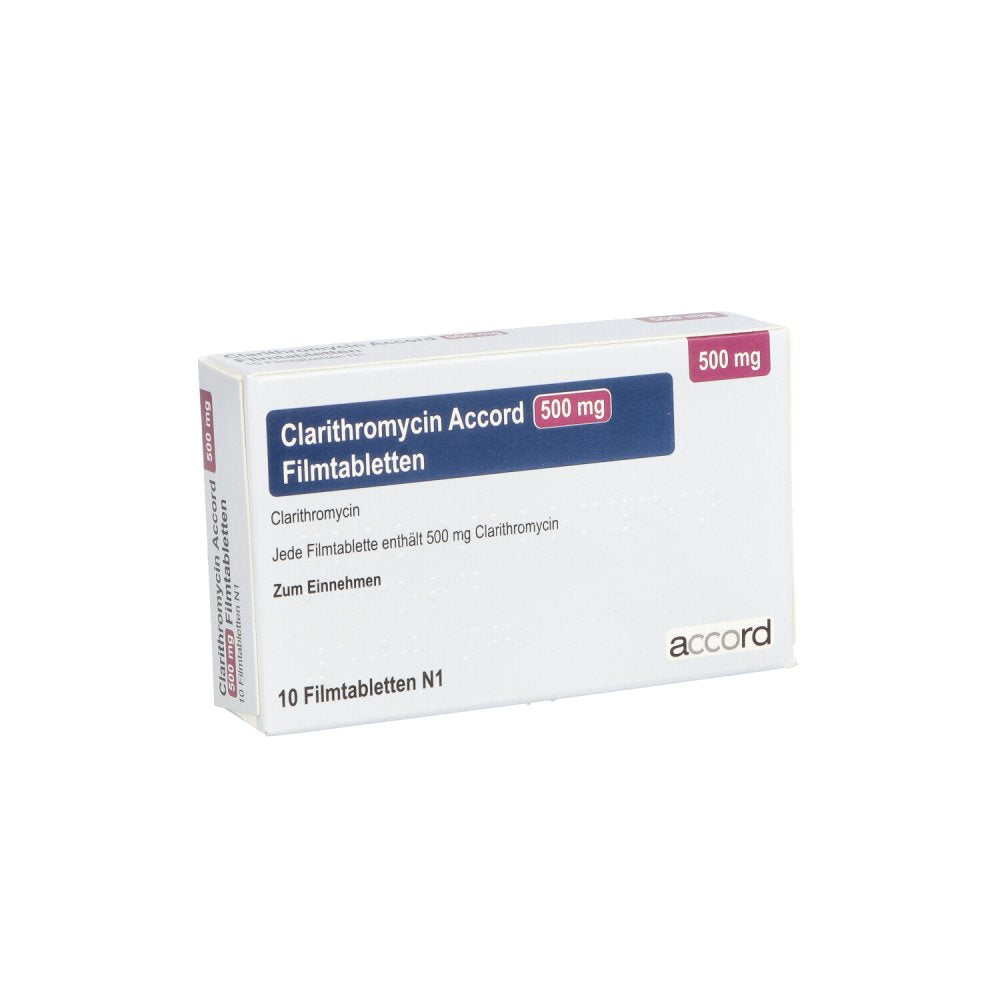 Das Produktfoto zeigt Clarithromycin Accord 500 Mg Filmtabletten (10 stk) PZN 13893235