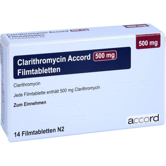Das Produktfoto zeigt Clarithromycin Accord 500 Mg Filmtabletten (14 stk) PZN 13893241