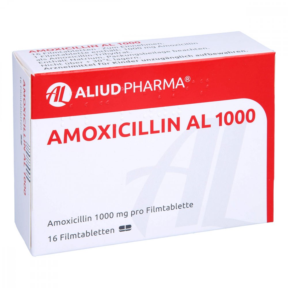 Das Produktfoto zeigt Amoxicillin Al 1000 Filmtabletten (16 stk) PZN 13893264