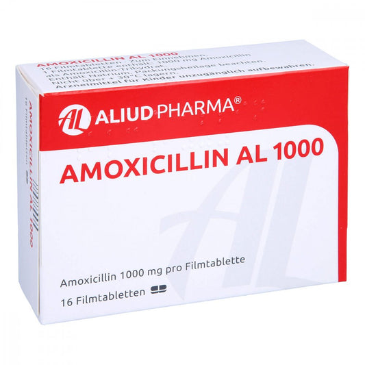 Das Produktfoto zeigt Amoxicillin Al 1000 Filmtabletten (16 stk) PZN 13893264