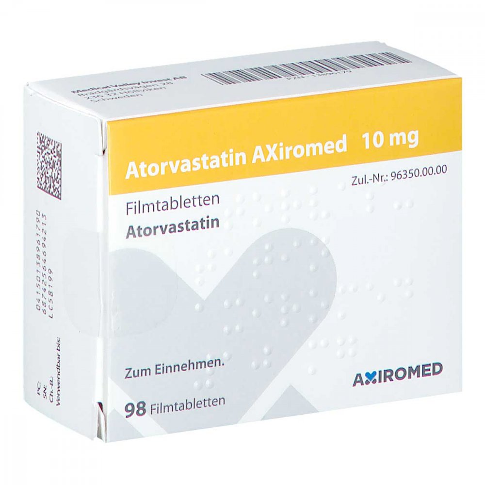 Das Produktfoto zeigt Atorvastatin Axiromed 10 Mg Filmtabletten (98 stk) PZN 13896179