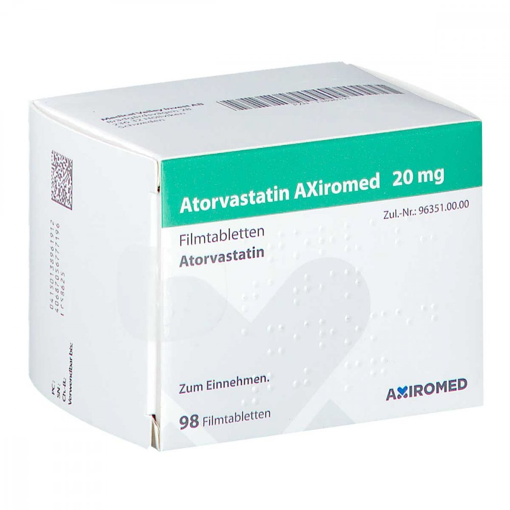 Das Produktfoto zeigt Atorvastatin Axiromed 20 Mg Filmtabletten (98 stk) PZN 13896191