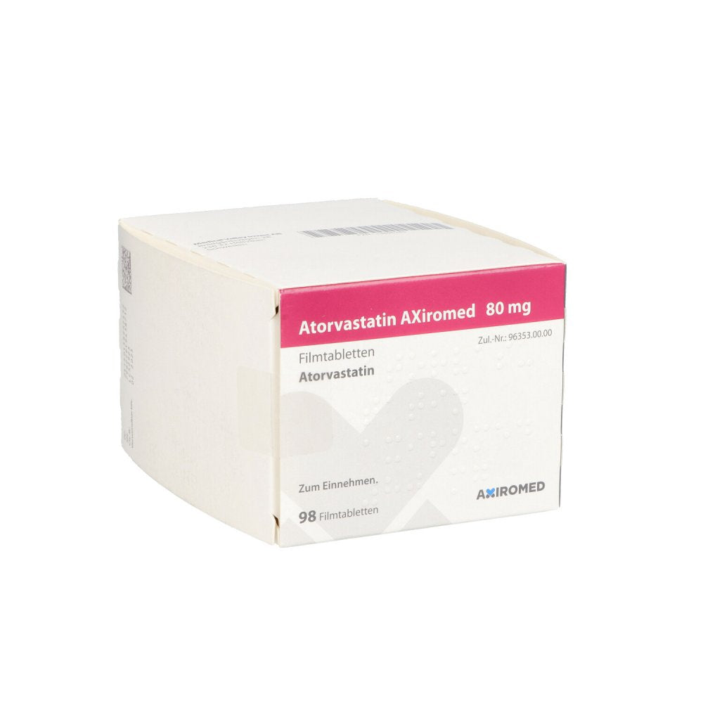 Das Produktfoto zeigt Atorvastatin Axiromed 80 Mg Filmtabletten (98 stk) PZN 13896245