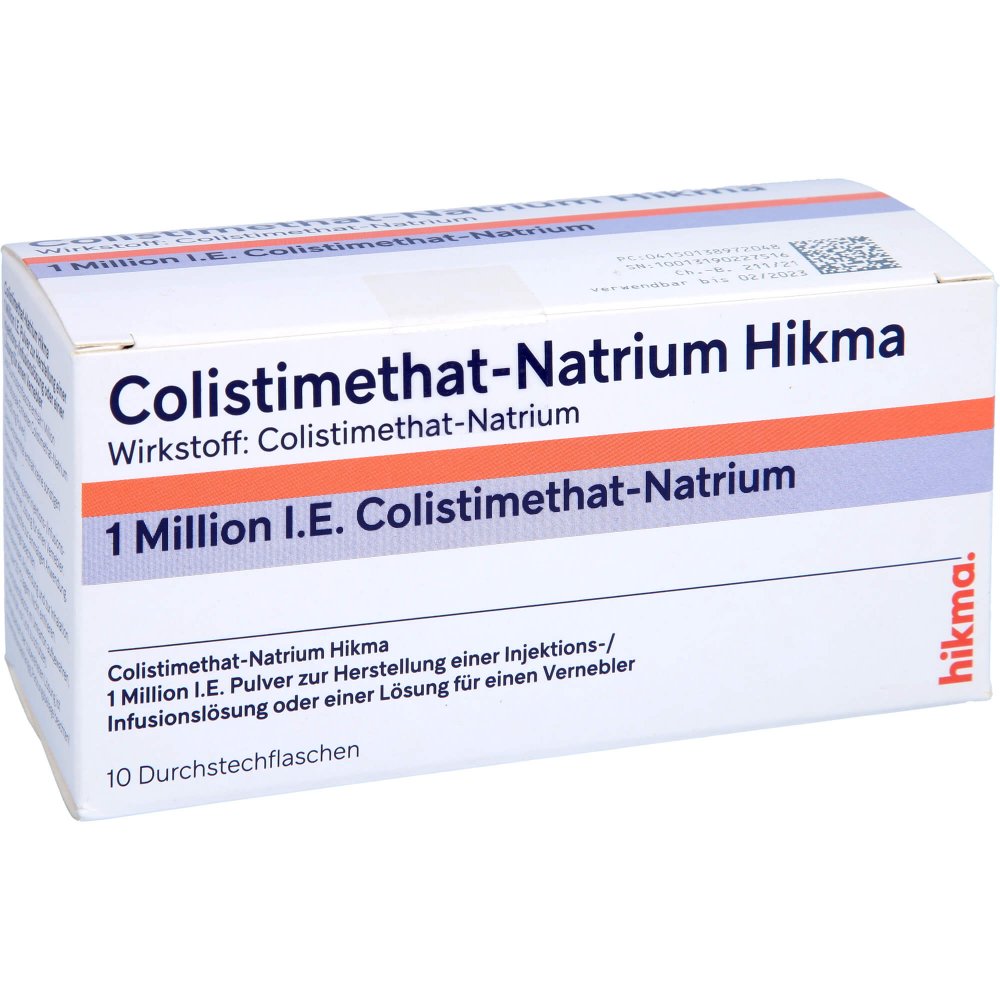 Das Produktfoto zeigt Colistimethat-Natrium Hikma 1 Mio I.E. Inj/Inf/Inh (10 stk) PZN 13897204