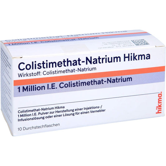 Das Produktfoto zeigt Colistimethat-Natrium Hikma 1 Mio I.E. Inj/Inf/Inh (10 stk) PZN 13897204