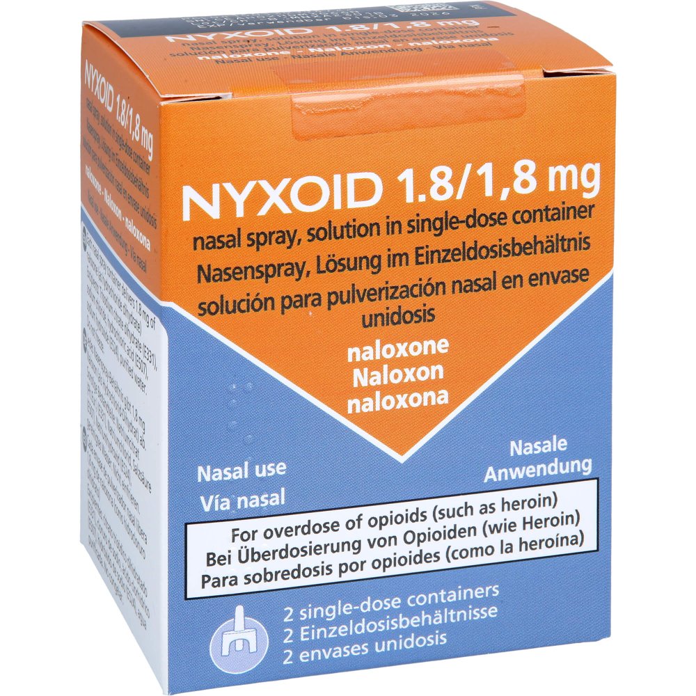 Das Produktfoto zeigt Nyxoid 1,8 Mg Nasenspray Lsg.Einzeldosisbehältn. (2X1 stk) PZN 13919472