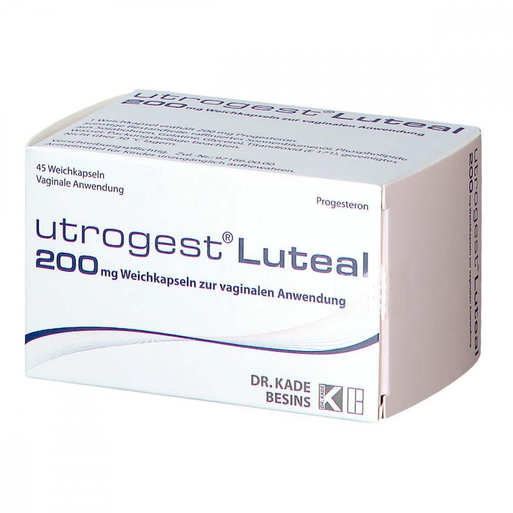Das Produktfoto zeigt Utrogest Luteal 200 Mg Weichkaps.Z.Vaginal.Anwend. (45 stk) PZN 13966968