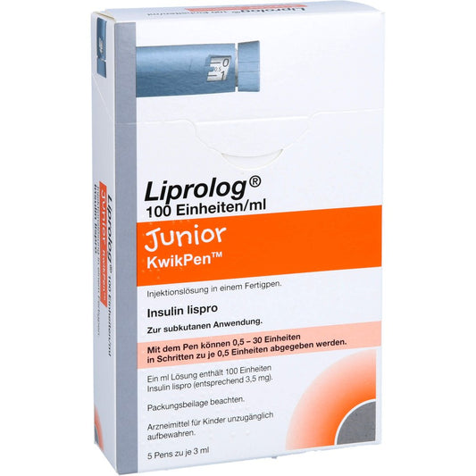 Das Produktfoto zeigt Liprolog 100 E/Ml Junior Kwikpen Inj.-L.Fertigpen (5X3 ml) PZN 13971811