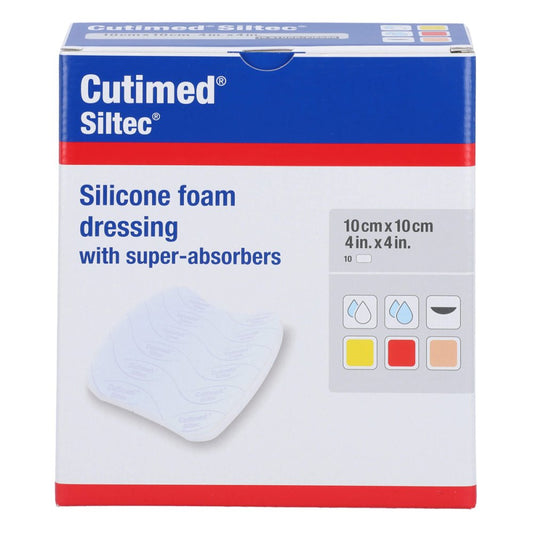 Das Produktfoto zeigt Cutimed Siltec Schaumverb.10x10 Cm Nicht Haftend (10 stk) PZN 13972006