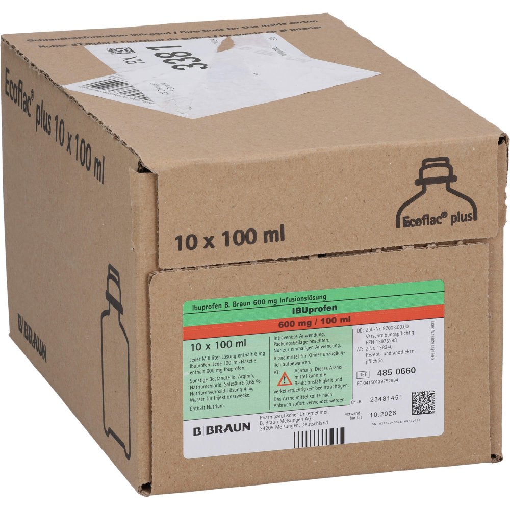Das Produktfoto zeigt Ibuprofen B.Braun 600 Mg Infusionslösung (10X100 ml) PZN 13975298