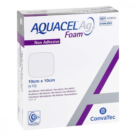 Das Produktfoto zeigt Aquacel Ag Foam Nicht Adhäsiv 10x10 Cm Verband (10 stk) PZN 13975370