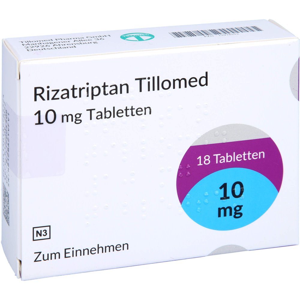 Das Produktfoto zeigt Rizatriptan Tillomed 10 Mg Tabletten (18 stk) PZN 13978552