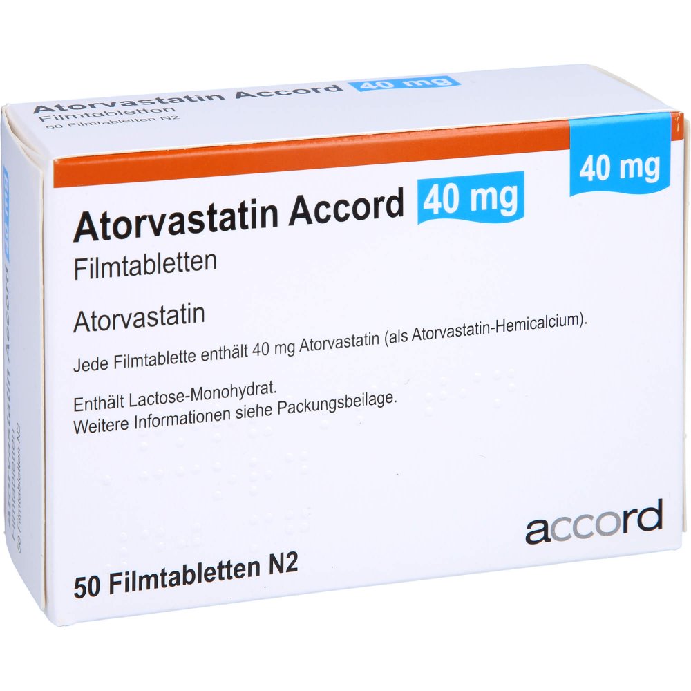 Das Produktfoto zeigt Atorvastatin Accord 40 Mg Filmtabletten (50 stk) PZN 13980721