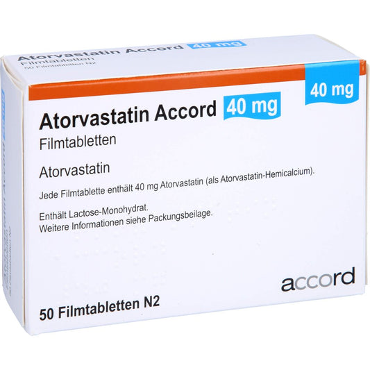 Das Produktfoto zeigt Atorvastatin Accord 40 Mg Filmtabletten (50 stk) PZN 13980721