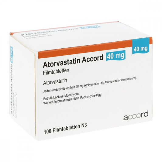 Das Produktfoto zeigt Atorvastatin Accord 40 Mg Filmtabletten (100 stk) PZN 13980738
