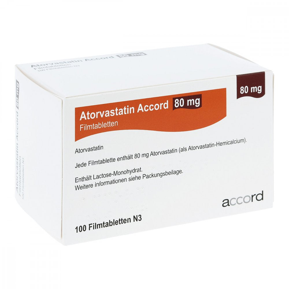 Das Produktfoto zeigt Atorvastatin Accord 80 Mg Filmtabletten (100 stk) PZN 13980767