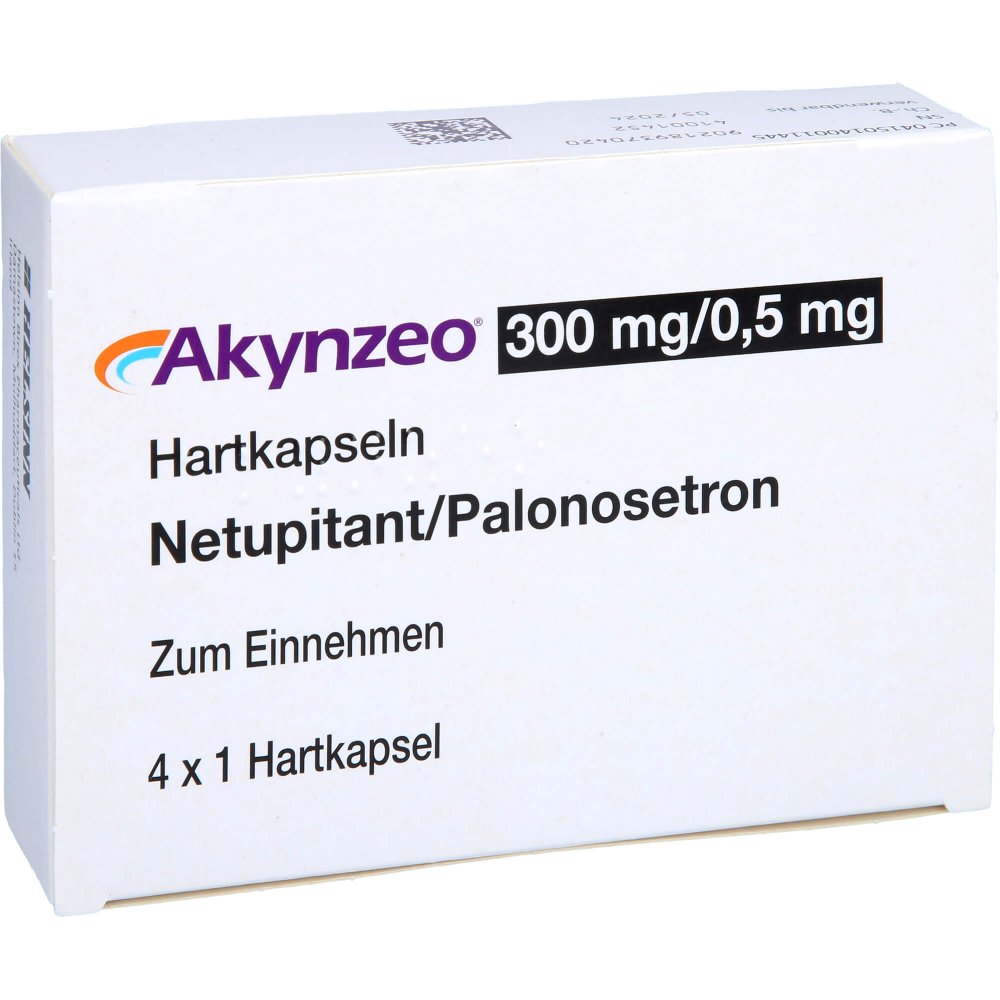 Das Produktfoto zeigt Akynzeo 300 Mg/0,5 Mg Hartkapseln (4 stk) PZN 14001144
