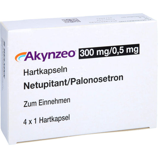 Das Produktfoto zeigt Akynzeo 300 Mg/0,5 Mg Hartkapseln (4 stk) PZN 14001144