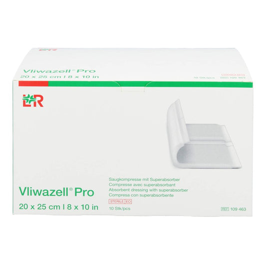 Das Produktfoto zeigt Vliwazell Pro Superabsorb.Kompr.Steril 20x25 Cm (10 stk) PZN 14005171