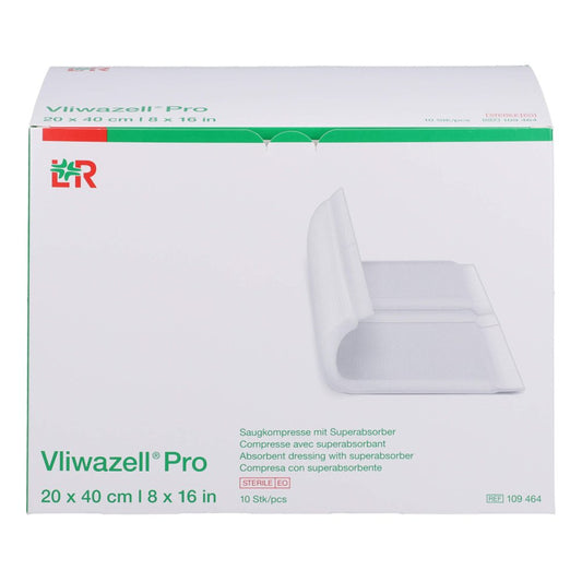 Das Produktfoto zeigt Vliwazell Pro Superabsorb.Kompr.Steril 20x40 Cm (10 stk) PZN 14005188
