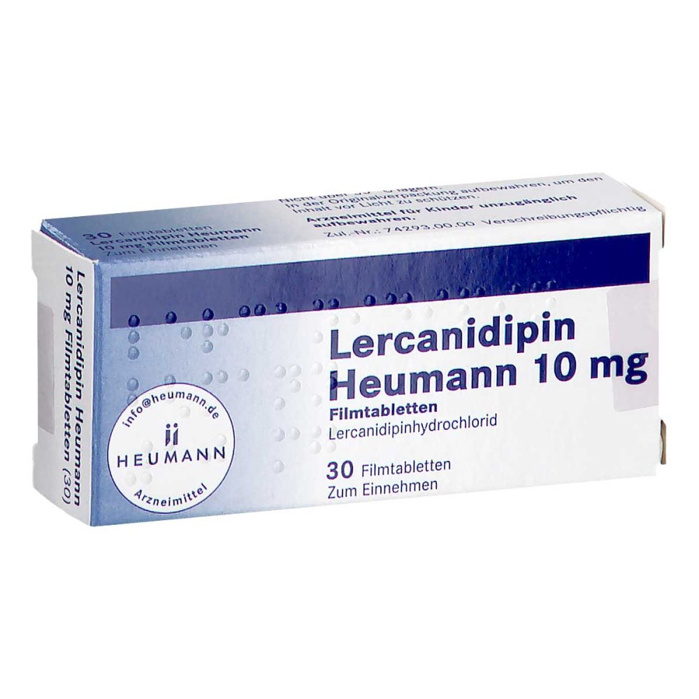 Das Produktfoto zeigt Lercanidipin Heumann 10 Mg Filmtabletten (30 stk) PZN 14005892