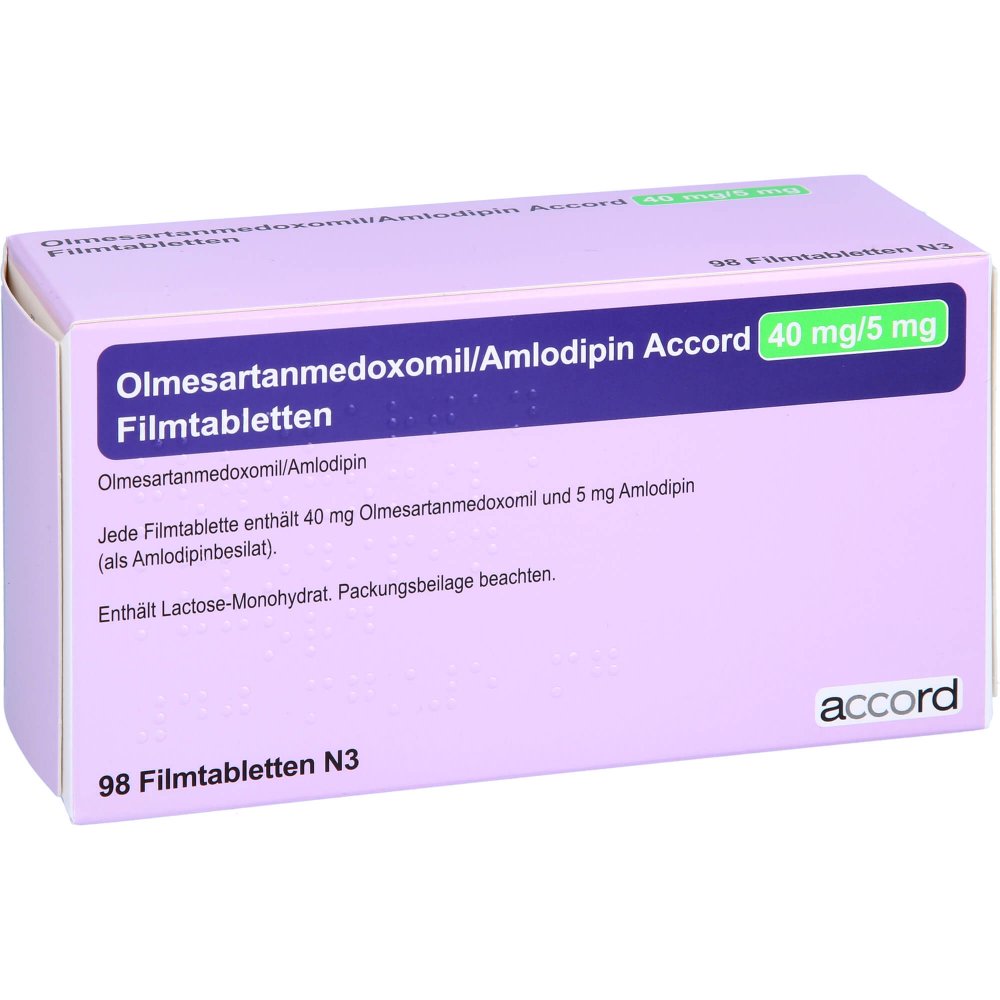 Das Produktfoto zeigt Olmesartanmedoxomil/Amlodipin Accord 40 Mg/5 Mg (98 stk) PZN 14021218