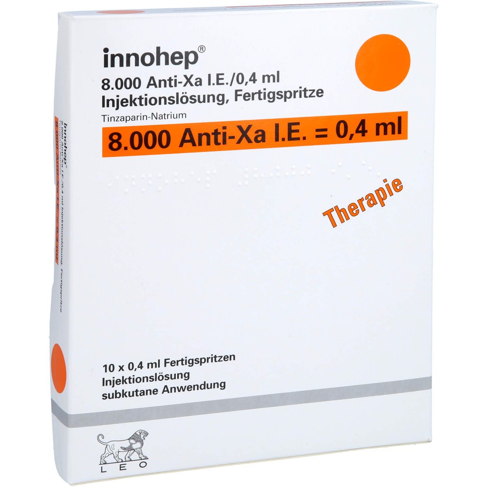 Das Produktfoto zeigt Innohep 8.000 Anti-Xa I.E./0,4ml Inj.-Lsg.I.E.Fs (10 stk) PZN 14022809