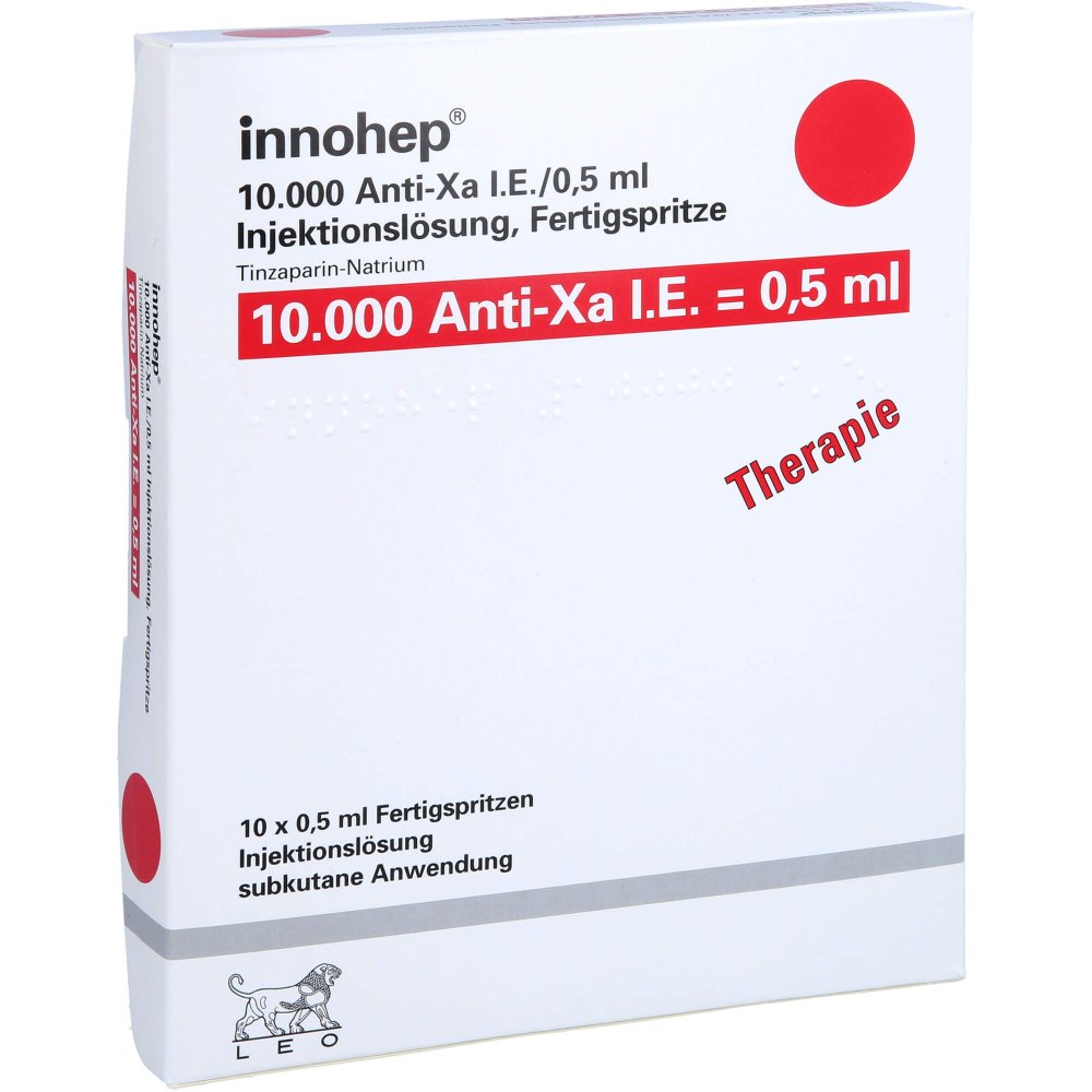 Das Produktfoto zeigt Innohep 10.000 Anti-Xa I.E./0,5ml Inj.-Lsg.I.E.Fs (10 stk) PZN 14022850