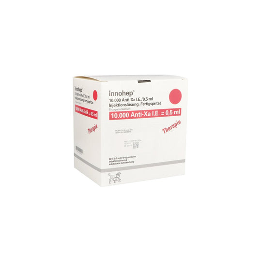 Das Produktfoto zeigt Innohep 10.000 Anti-Xa I.E./0,5ml Inj.-Lsg.I.E.Fs (30 stk) PZN 14022867