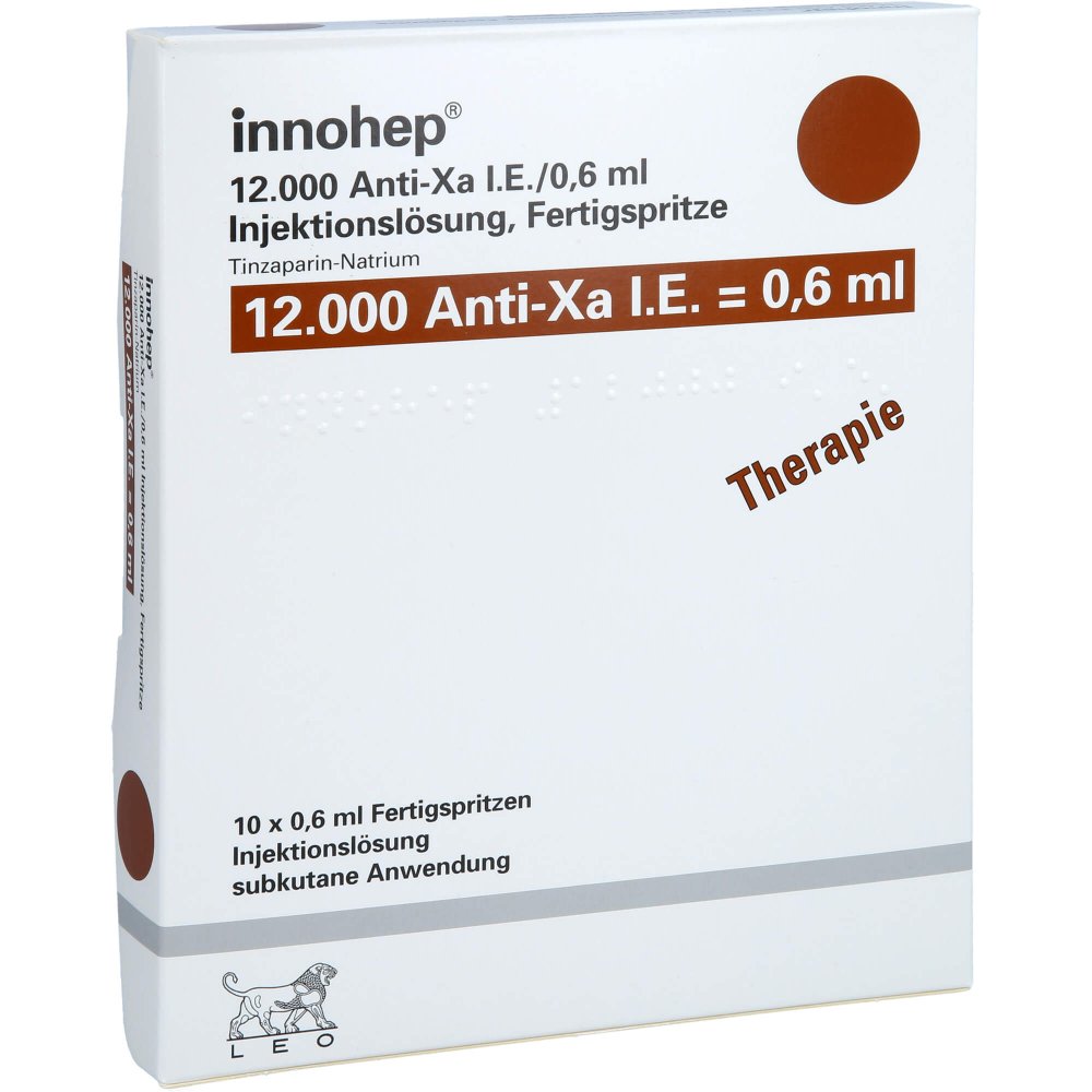 Das Produktfoto zeigt Innohep 12.000 Anti-Xa I.E./0,6ml Inj.-Lsg.I.E.Fs (10 stk) PZN 14022896