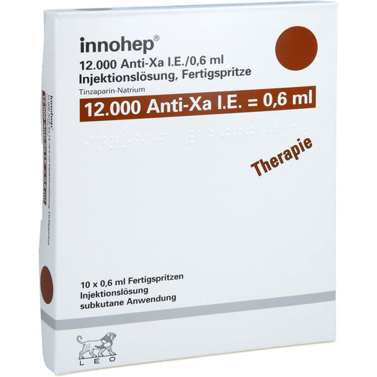 Das Produktfoto zeigt Innohep 12.000 Anti-Xa I.E./0,6ml Inj.-Lsg.I.E.Fs (10 stk) PZN 14022896