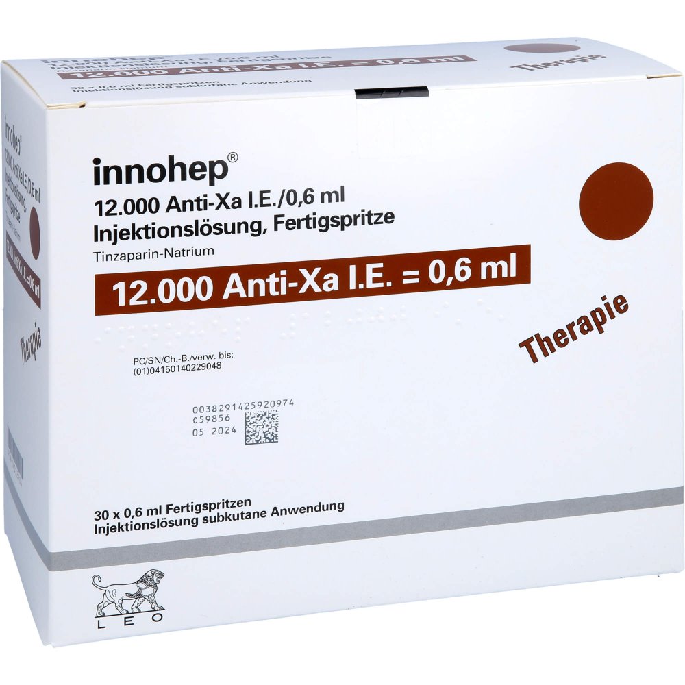 Das Produktfoto zeigt Innohep 12.000 Anti-Xa I.E./0,6ml Inj.-Lsg.I.E.Fs (30 stk) PZN 14022904